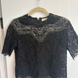 Sandro Black Lace Crop Top with Ivory Embroidery